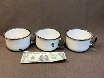 Three Vintage White Enamel Mugs