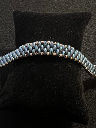 Stiff Handmade Seed Bead Bracelet- Blue And Silver