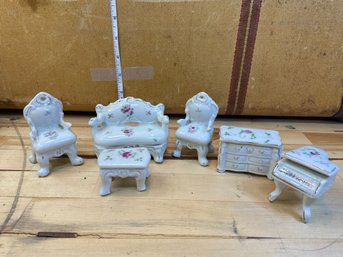 Set Of Porcelain Doll Furniture Made In Japan. Piano And Dresser Are Boxes
