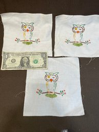 3 - Approx 6.5' Square Embroidered Owl Blocks - Could Make Cute Patches.