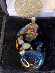 Handmade Fused Glass Pendant Black Dichroic Piece Long