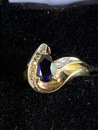 10K Gold Diamond And Synthetic Blue Stone Ring - Size 6.75