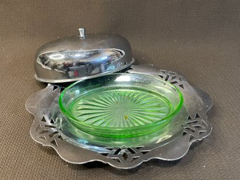 Art Deco Butter Dish With Green Glass Tray - Love This!