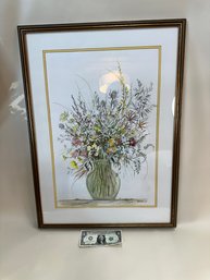 Large Floral Watercolor Flowers In Vase - Signed