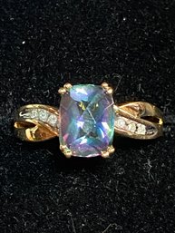 10K Gold Mystic Topaz And Diamond Ring Size 7.25