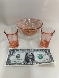 Vintage Pink Glass 2 Small  Glasses, 1 Small Ribbed Bowl