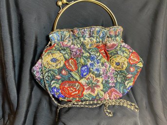 Vintage Tapestry And Beaded Handbag With Handle And 48' Chain