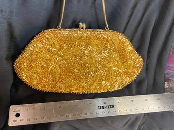 Sassy Little Vintage Gold Beaded Handbag With Short Chain.