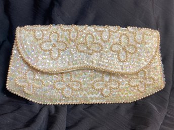 Hand Beaded Cream And Iridescent Sequined Clutch. David's Imports