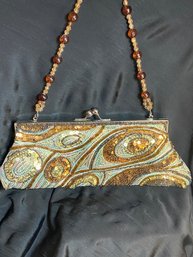 Copper Colored Sequin And Embroidered Handbag, Use With Beaded Handle Or Tuck Is As Clutch