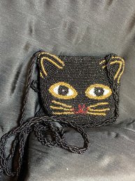 Small Black Cat Beaded Bag. 48' Beaded Strap