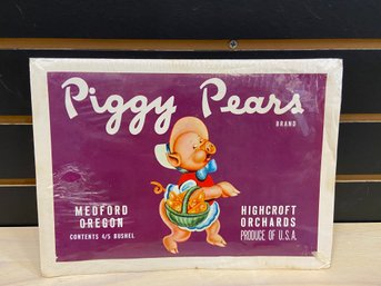 Vintage Piggy Pears Crate Label In Plastic On Cardboard. Good Shape And So Cute