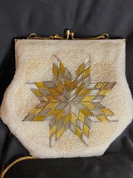 Vintage Gold And Silver Snowflake  White Beaded Handbag