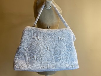 Vintage Satin Lined White Beaded Handbag With Kissing Clasp And Beaded Strap