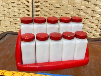 Set Of 10 Vintage Milk Glass Spice Bottles W/stand