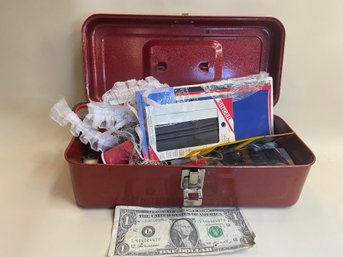 Vintage Red Toolbox Filled With Sewing Notions