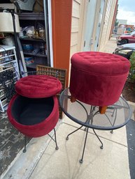 2 Dark Red Velvet Storage Ottomans - Very Clean