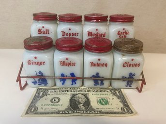 Vintage Set 8 McKee Milk Glass Spice Shakers Red Lids Original Rack Dutch Motif