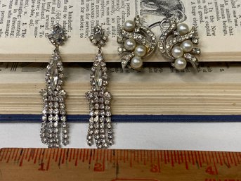 Very Shiny Vintage Rhinestone Earrings.  2 Pair