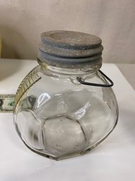 1930s Vintage Kitchen Canister, Old Glass Candy Jar W/ Wire Bail Handle, Zinc Lid