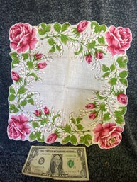 Vintage Handkerchief Rose And Lily Of The Valley Tag Attached