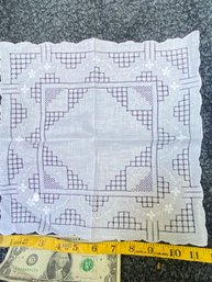 Vintage Handkerchief White Fabric With Grey And White Stitching