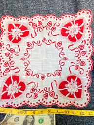 Red And White Heart Vintage Handkerchief