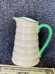 Made In Slovakia Green And White Iridescent Pottery Pitcher