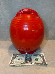 Vintage 1930s Hall China '5-band' Chinese Red Covered Cookie Jar (Art Deco)