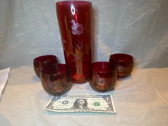 MCM Cranberry Etched Glass Cocktail Pitcher And 4 Glasses.