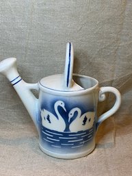 Vintage Slovakian Blue And White Pottery Watering Can With Swans 4.75'