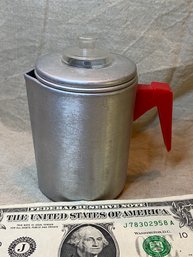 Vintage Aluminum Tiny Little Percolater Pot (red Plastic Handle). Really Works.