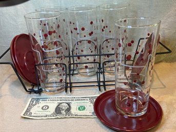 Groovy MCM Set Of 4 (plus One Extra Glass) Plates And Glasses - So Cool With Rack