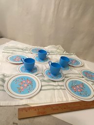 Vintage Metal Tea Party Dishes (plastic Cups) With Table Cloth (new)