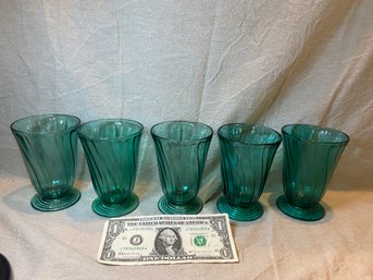 5 Vintage Depression. Glass Jeannette Swirl Footed Glass