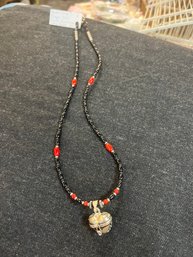 Artisan Made Prayer Box Necklace Of Agate And Red Coral Seed Beads
