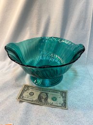 Vintage Jeanette Swirl Footed Aqua Blue Double Handled Bowl -11'wide