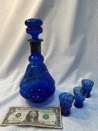 Vintage MCM Cobalt Blue WPainted Silver Overlay Decanter & 3 Cordial Glasses-Decanter 10' Tall