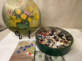 Vintage Helen Harrison Candies Tin Full Of Buttons - Beautiful Art On Tin.