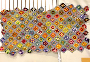 Vintage Colorful Wool Granny Square Blanket 60x36