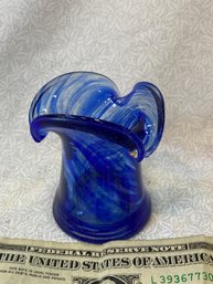 Handblown Blue And Clear Little Vase/creamer