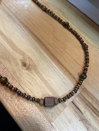 Artisan Made Wood, Glass, Onyx And Tiger Eye Necklace