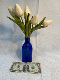 Vintage Blue Bottle With 'real Touch' Smaller Tulips