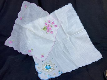 2 Vintage Embroidered Handkerchiefs -