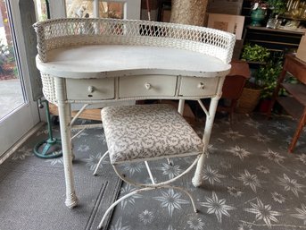 Vintage Wicker Desk/dressing Table With Cast Iron Bench