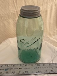 Vintage Ball Canning Jar-  1/2 Gallon Aqua Jar With Lid- Pretty Cool Bubbles In Glass