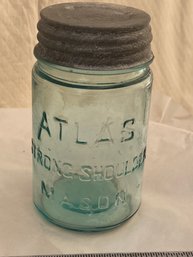 Vintage Atlas Strong Shoulder Canning Jar-  Pint Aqua Jar With Ball Lid-