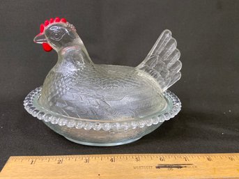 Indiana Glass Clear Hen With Red Comb And Waddle.  Covered Dish