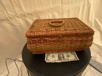 Wicker Vintage Sewing Box With Old Sewing Supplies
