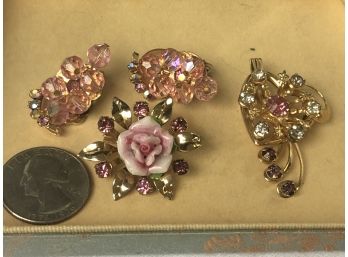 Pair Of Pink Beaded Clip Earrings And Two Pins